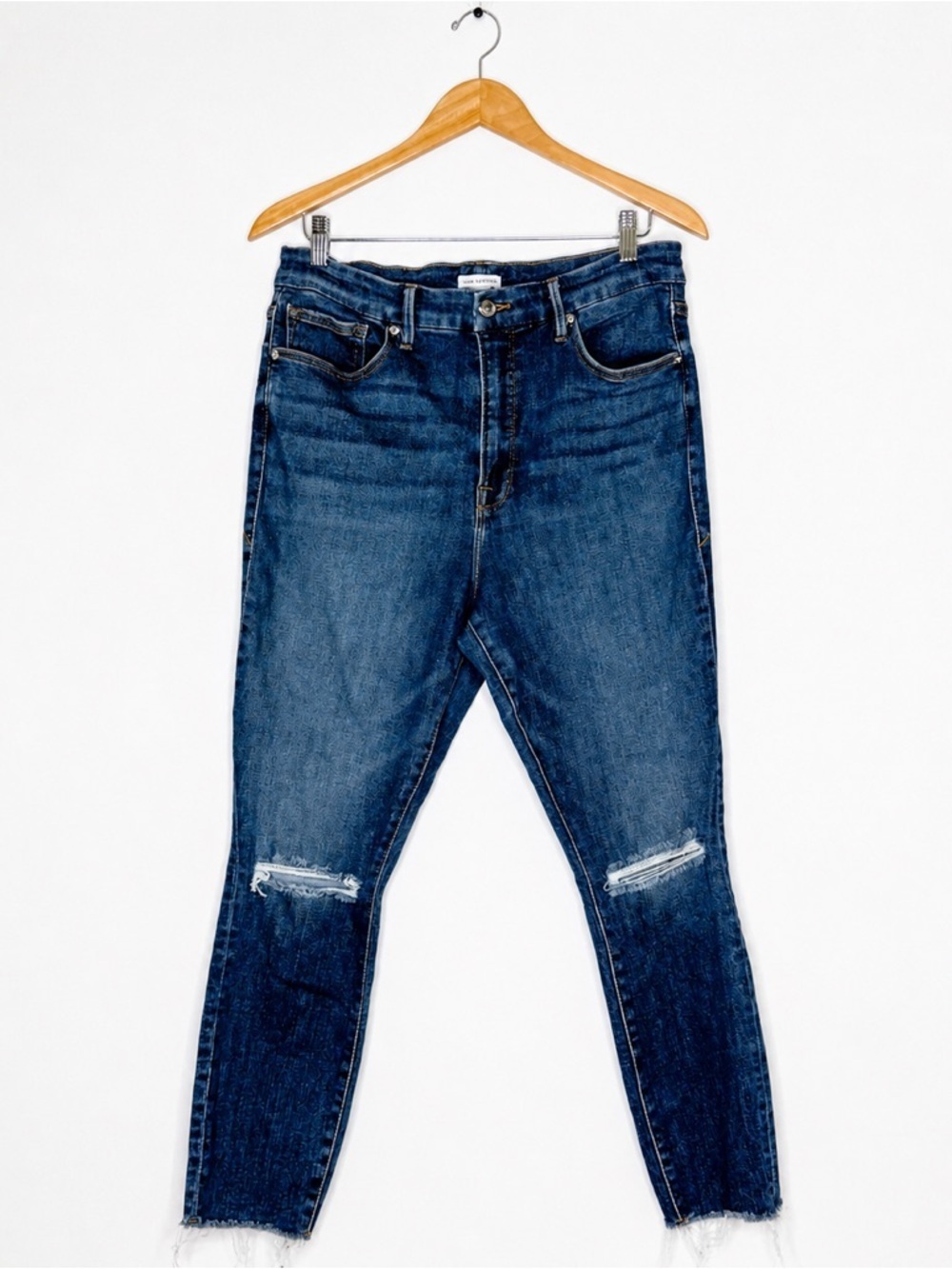 Good American Good Waist Slim Jeans Blue678 Distressed Raw Hem Size 15